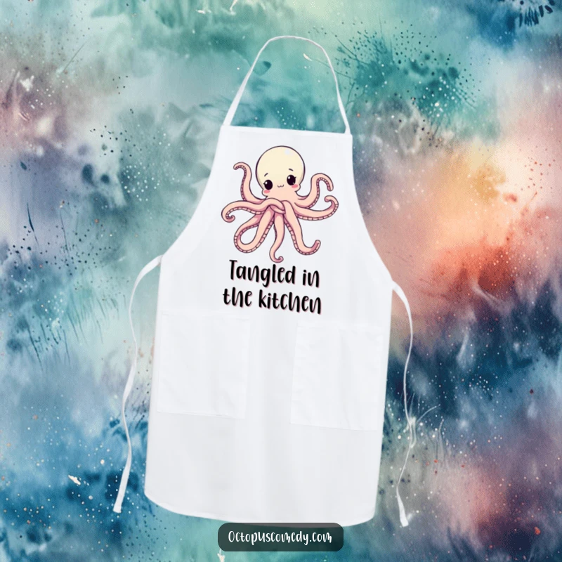 Funny apron depicting an octopus in a comical knot of its arms, perfect for protecting clothes with a side of hilarious chaos.
