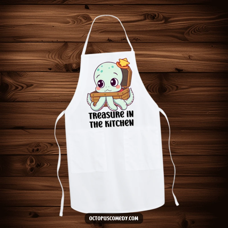 Funny apron featuring an octopus with big, curious eyes looking at a treasure chest, ideal for kitchen adventures.