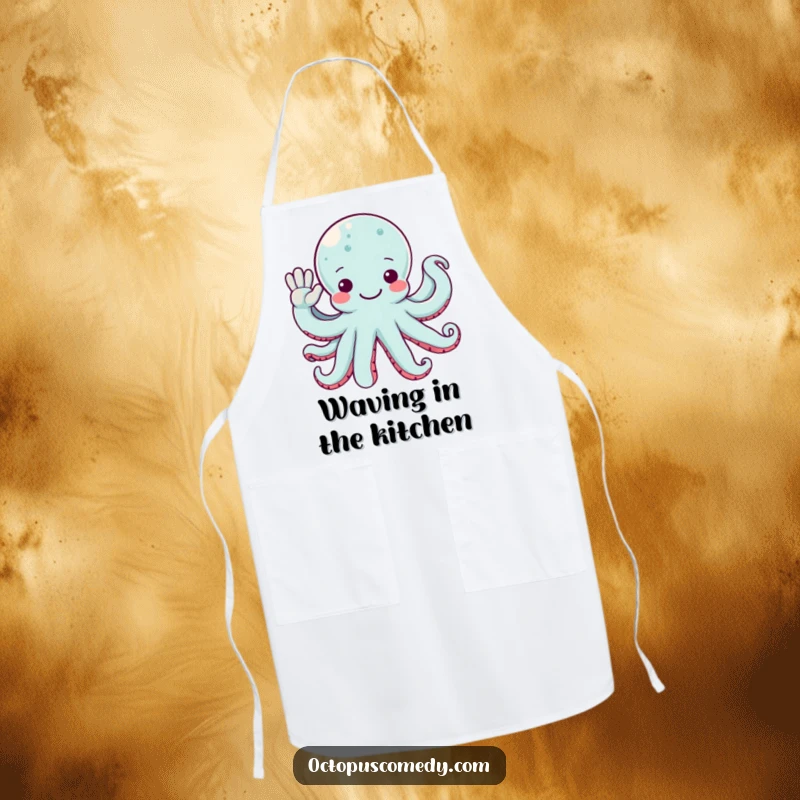 Funny octopus apron showing multiple arms waving a friendly hello, ideal for a welcoming kitchen.