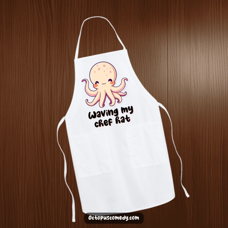 Funny Kawaii Octopus Apron: A whimsical apron design with a cute octopus character waving its tentacles.