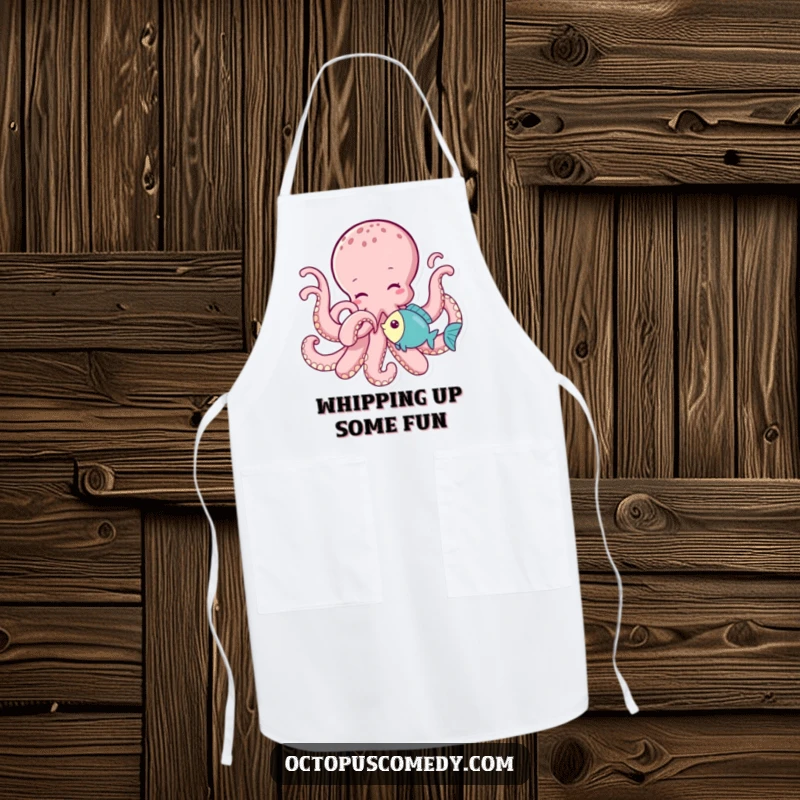Funny octopus playfully tickling a little fish with a tentacle, adding humor to this practical kitchen apron.