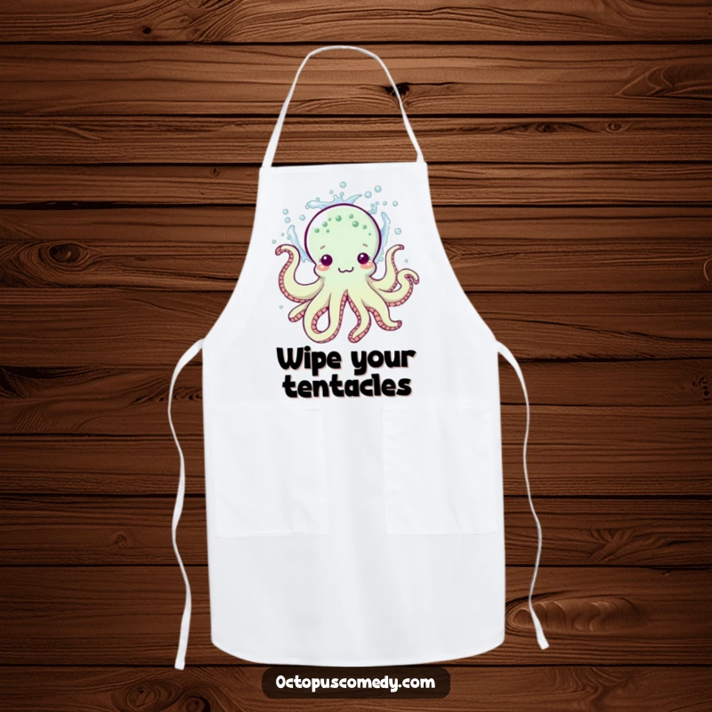 Funny apron showcasing a playful octopus splashing water, designed for kitchen fun and acting as a unique humorous gift.