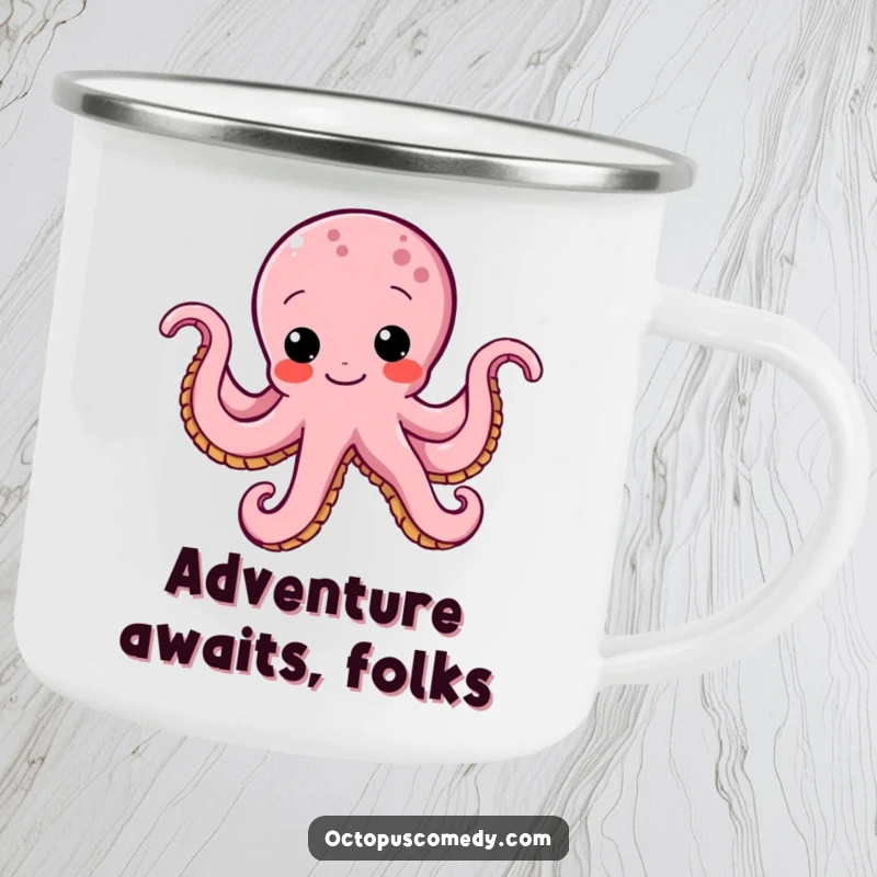 Funny octopus camping mug with a determined octopus doing a funny wiggle, perfect for humorous outdoor adventures.