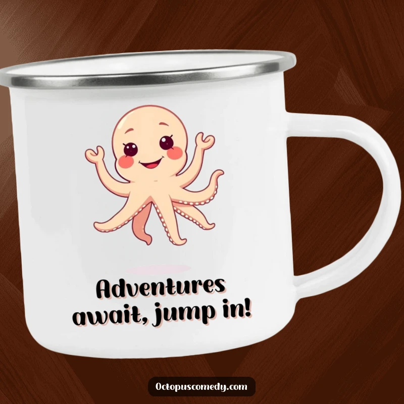Funny jumping kawaii octopus with a silly grin on a durable camping mug, energetic outdoor gift.
