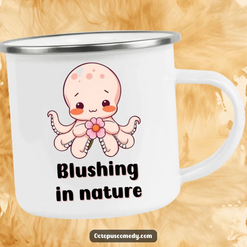 Funny shy octopus blushing with rosy cheeks, holding a flower, on a rugged camping mug for any adventure.