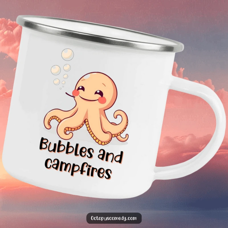 Funny camping mug featuring a grinning octopus blowing ink bubbles, ideal for outdoor drinks and a humorous funny gift.
