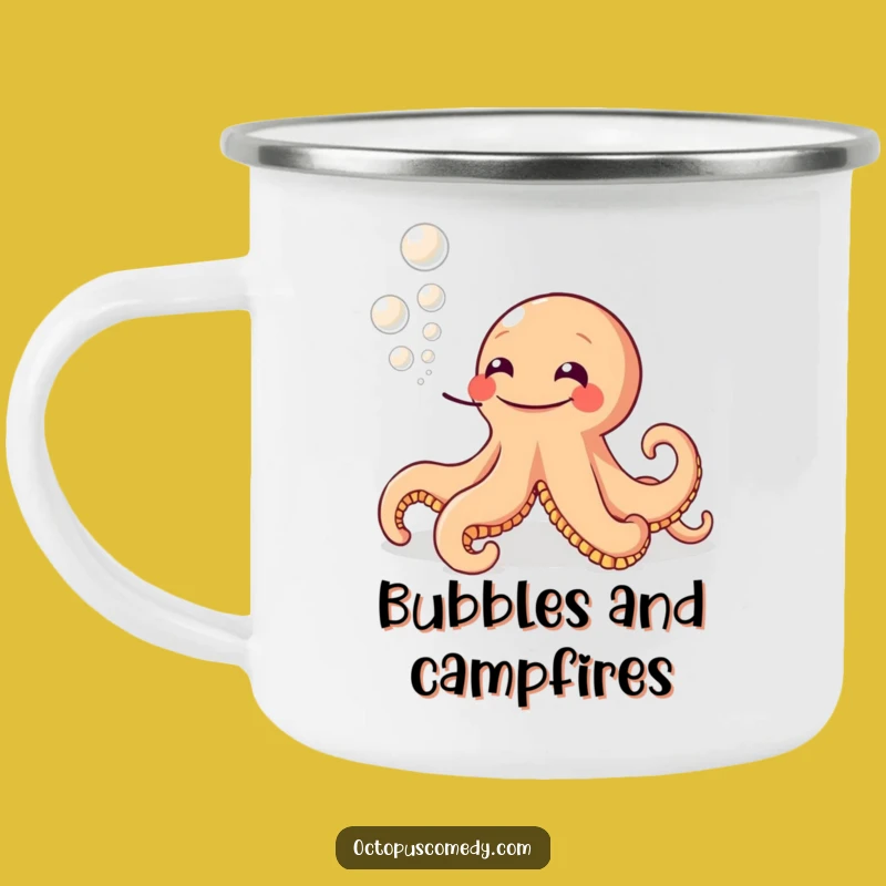 Funny Grinning Octopus Camping Mug: Ink Bubbles for Outdoor Fun, Gift