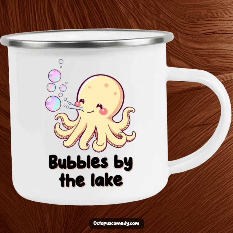 Funny Kawaii Octopus Camping Mug with a playful octopus blowing iridescent bubbles, perfect for enjoying beverages during outdoor excursions.