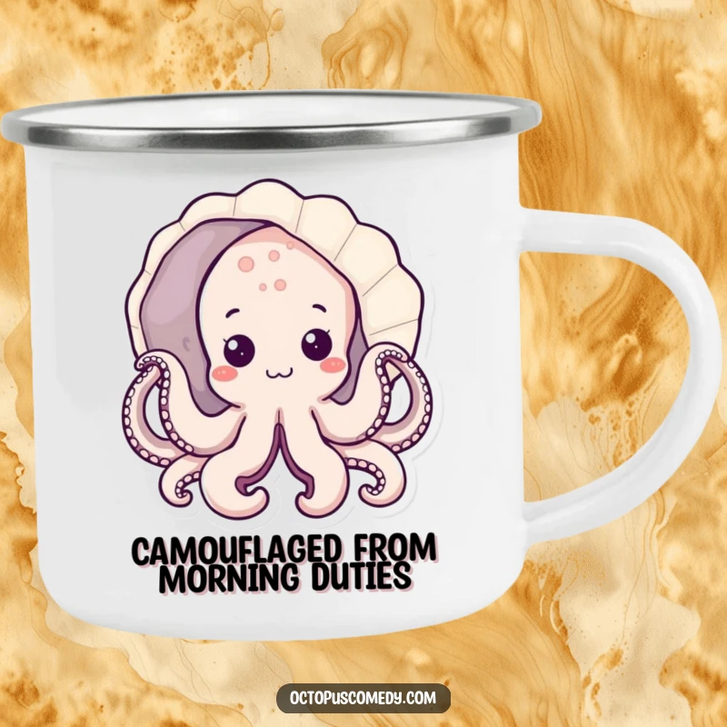 Funny kawaii octopus peeking from a seashell, durable camping mug for outdoor adventure gift.