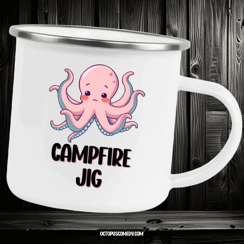 Funny Octopus Camping Mug showing an octopus energetically dancing with all eight arms flailing joyfully.