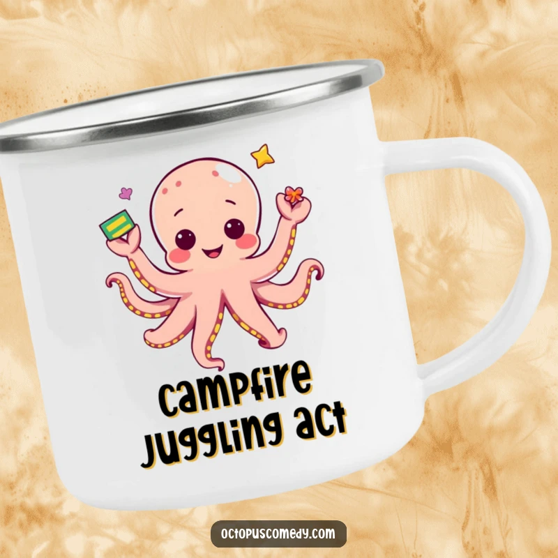 Funny kawaii octopus juggling, holding a camping mug, for outdoor fun and humor.