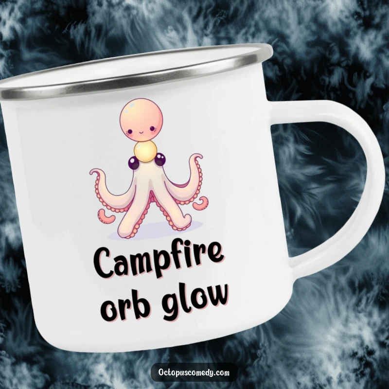 Funny octopus balancing a delicate stack of tiny, glowing orbs on a camping mug, perfect for outdoor magic.