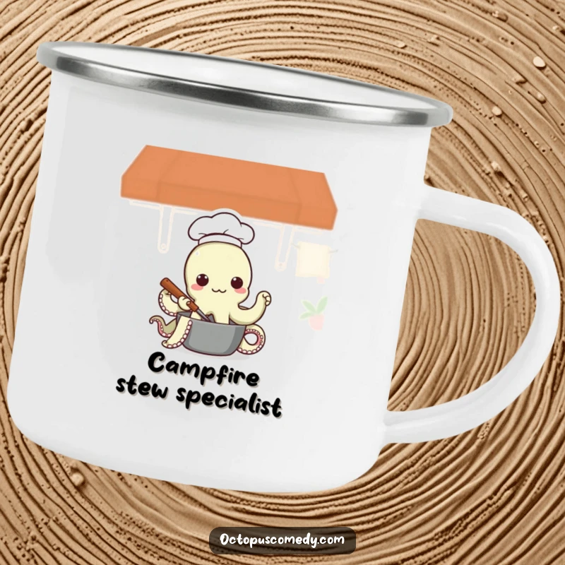 Funny Octopus Chef Camping Mug, a durable mug featuring an octopus chef stirring a pot, perfect for outdoor adventures.