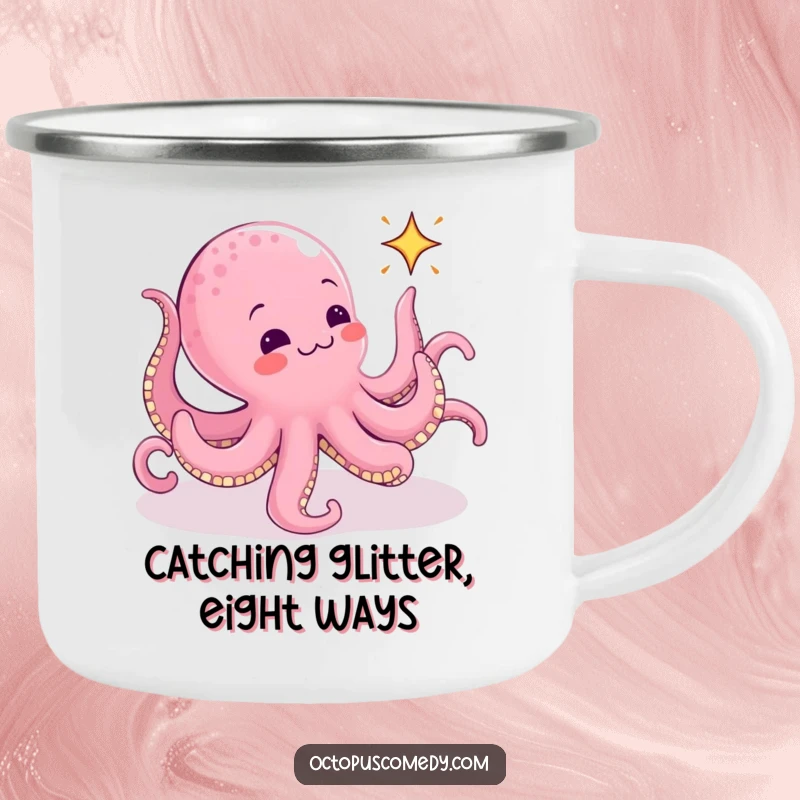 Funny Octopus Camping Mug: Metal cup with a funny octopus design, arms reaching for a tiny, animated sparkle, ready for adventure.