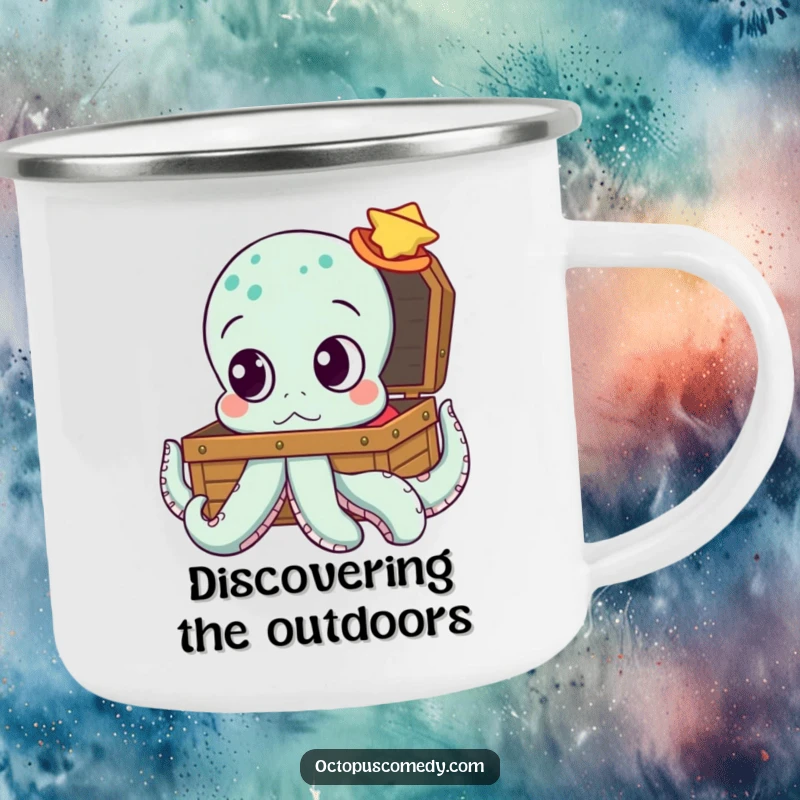 Funny octopus camping mug with big, curious eyes looking at a treasure chest, perfect for outdoor exploration and humor.