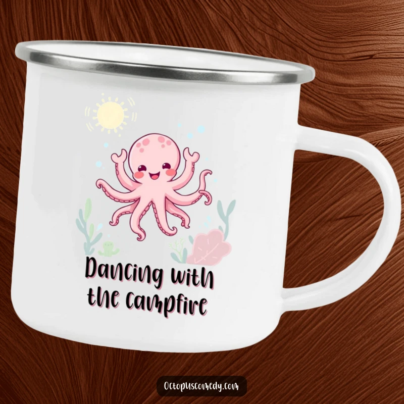Funny kawaii octopus doing a joyful underwater dance on a durable camping mug, celebratory outdoor gift.
