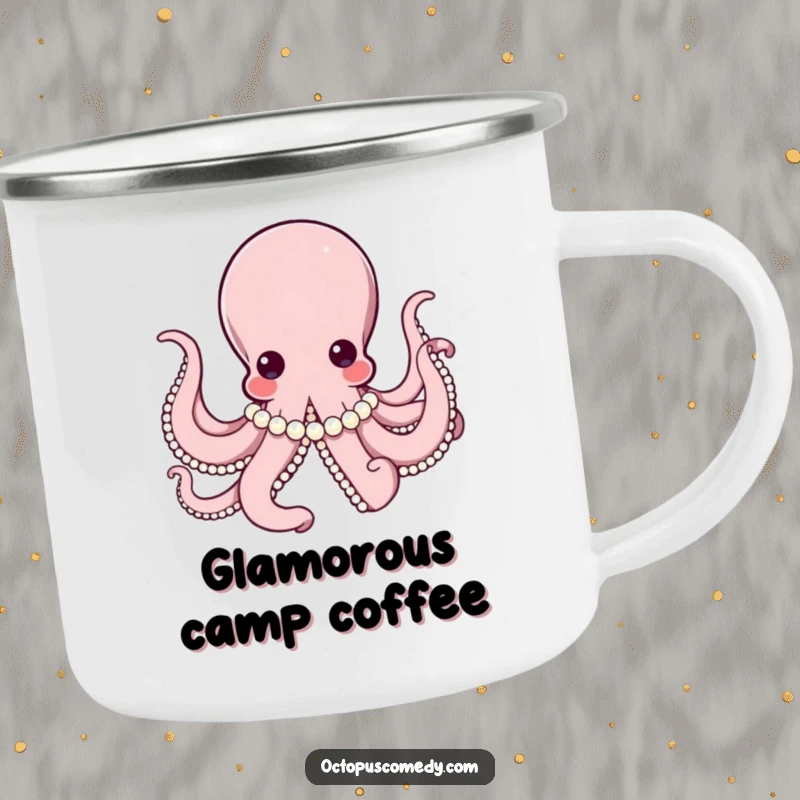 Elegant octopus wearing a string of pearls, looking sophisticated on a durable camping mug, for refined outdoor experiences.