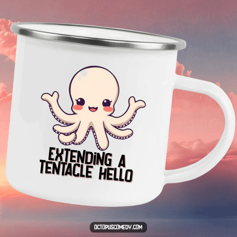 Funny kawaii octopus with arms reaching out in a friendly gesture on a durable camping mug, outdoor welcoming gift.