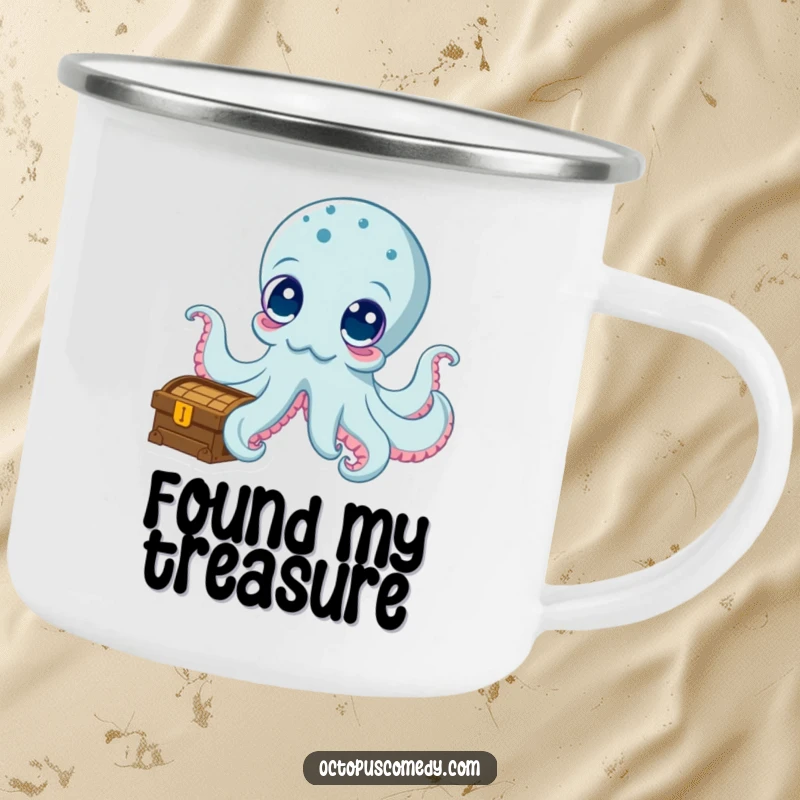 Funny camping mug with a curious octopus exploring a treasure chest, perfect for adventurous outings and humorous enjoyment.