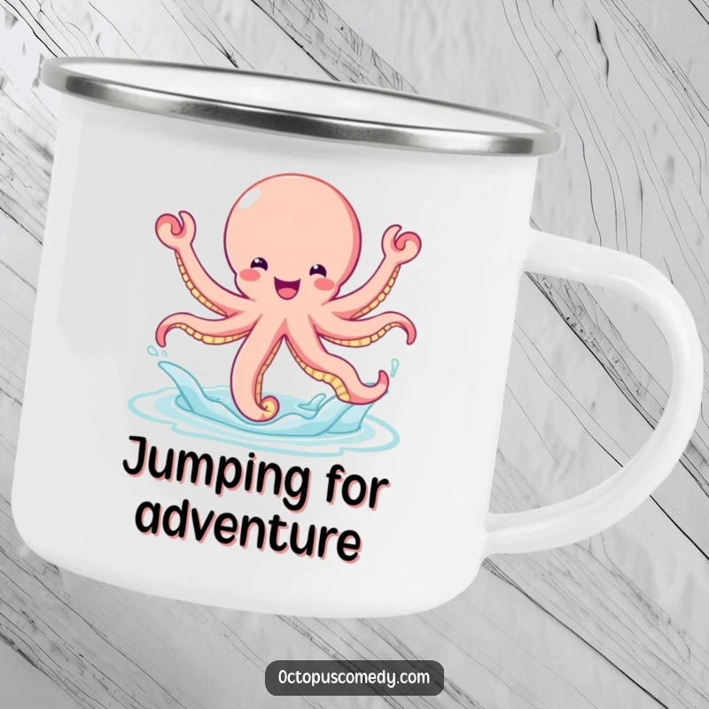 Funny bouncy octopus leaping gleefully out of the water, depicted on a rugged camping mug.