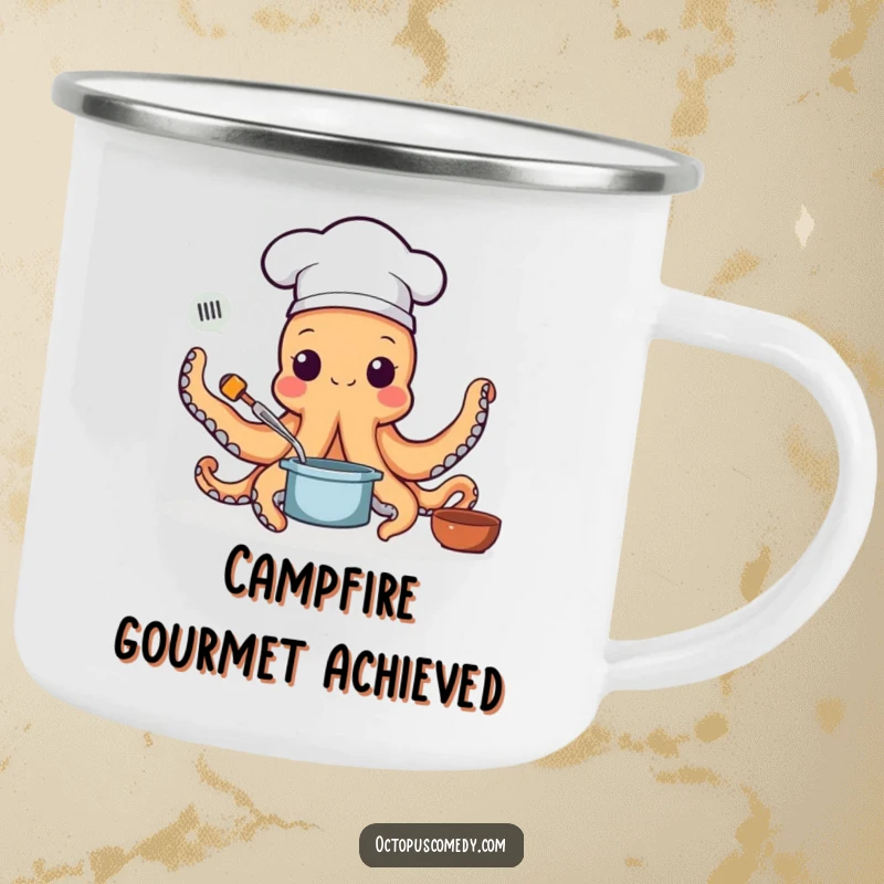 Funny camping mug with an octopus chef wearing a hat and cooking with multiple arms, durable for outdoor kitchen use as a funny gift.