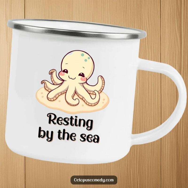 Funny content octopus resting peacefully on a soft, sandy seabed, depicted on a rugged camping mug.