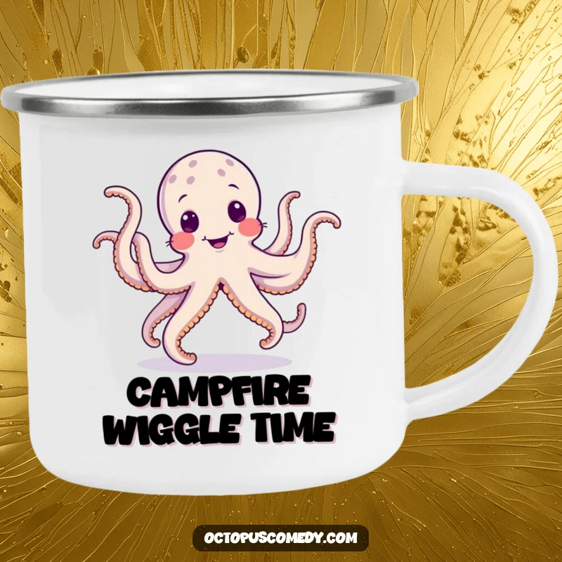 Funny camping mug featuring a dancing octopus with wobbly tentacles, perfect for outdoor fun and humorous beverage enjoyment.