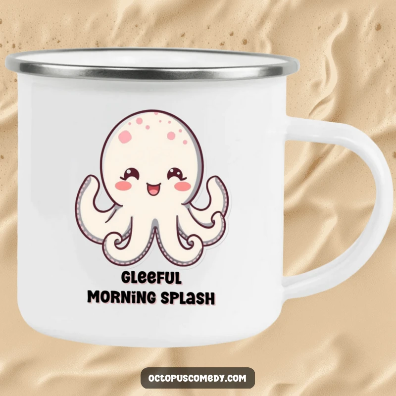 Funny Kawaii Octopus Camping Mug featuring a delighted octopus with sparkling eyes and a wide, beaming smile, ideal for outdoor adventures.