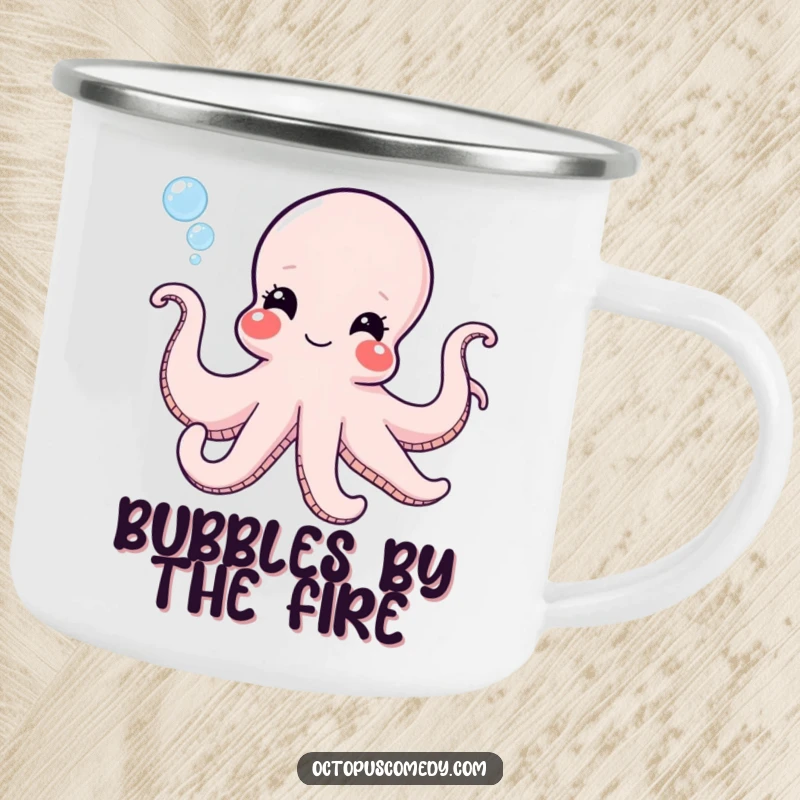 Funny octopus with a mischievous grin blowing bubbles, durable camping mug for outdoor trips and humorous enjoyment.