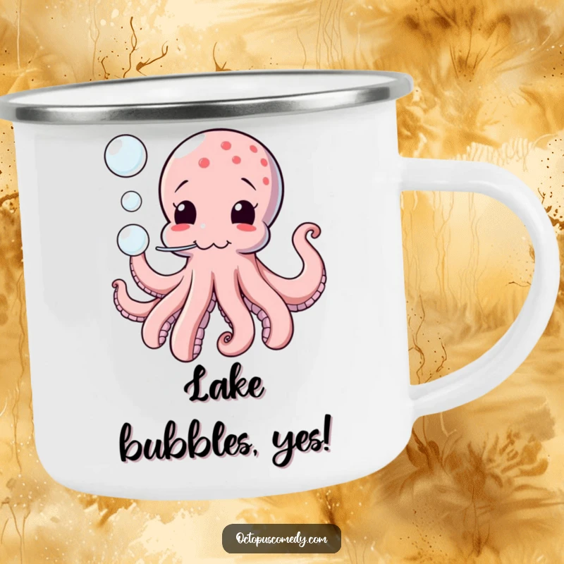 Funny camping mug showing a comical octopus playfully blowing bubbles, ideal for outdoor lovers who appreciate humor.