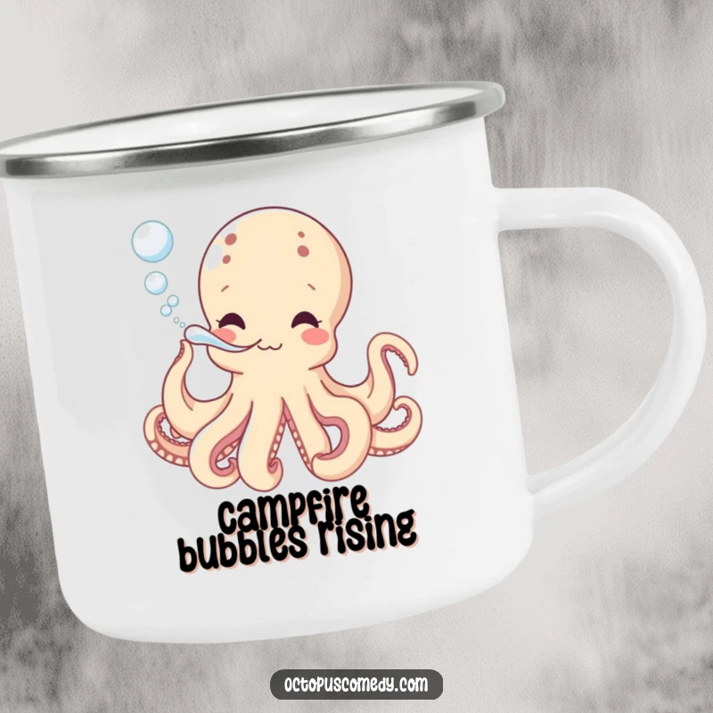 Funny camping mug with a playful octopus blowing bubbles, durable and great for outdoor refreshment as a funny gift.