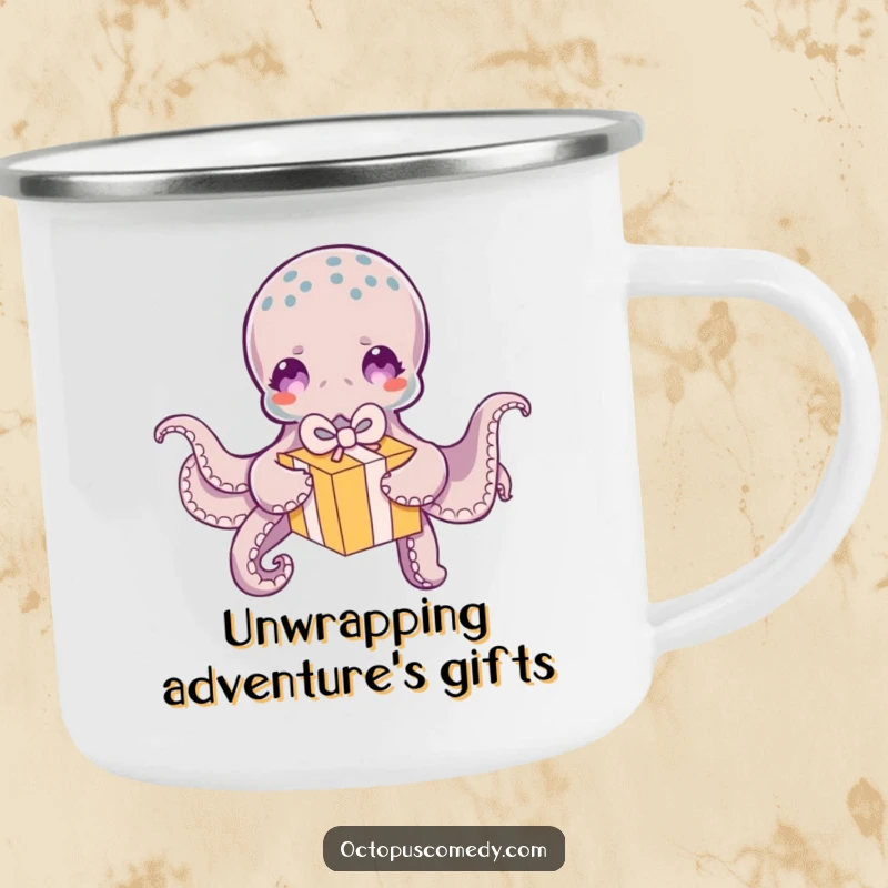 Funny Octopus Camping Mug: A durable mug featuring a funny octopus unwrapping a small, colorful gift box, ideal for outdoor use.