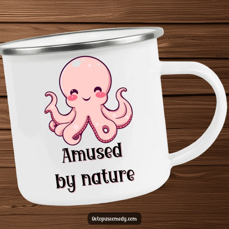 Funny Octopus Camping Mug featuring a smiling cephalopod with a gentle curve in its bell, radiating amusement, perfect for outdoor brews.