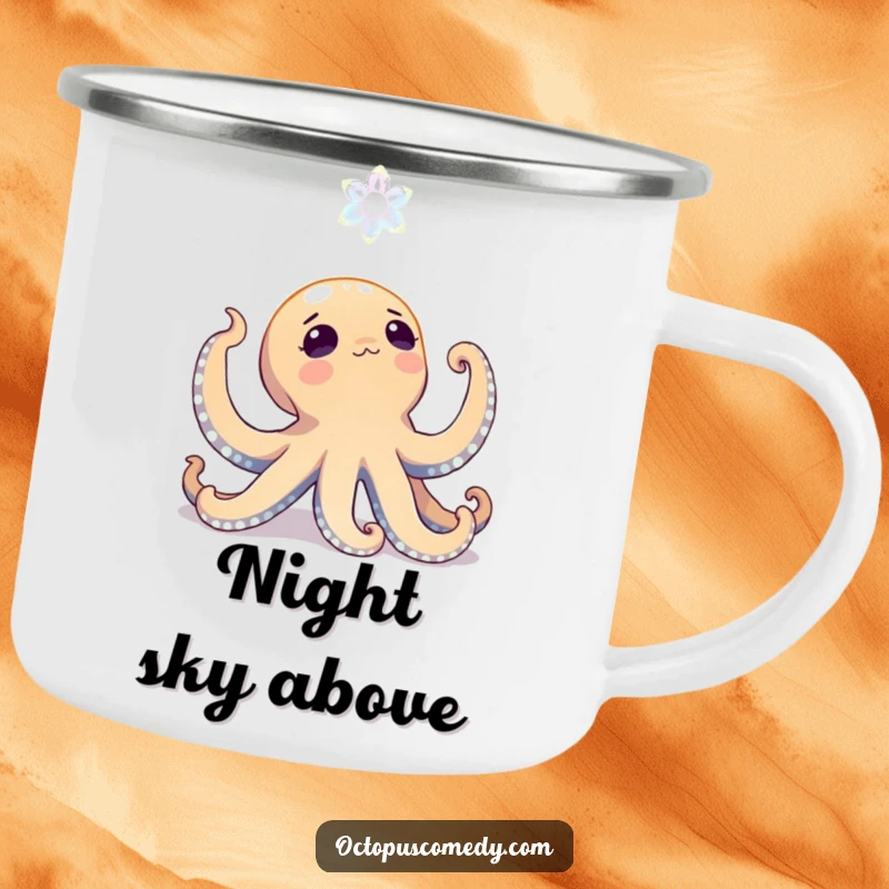 Funny octopus looking up with wonder at a bioluminescent bloom on a camping mug, perfect for outdoor deep sea vibes.