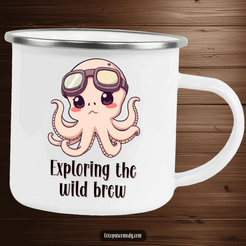 Funny Octopus Camping Mug: A durable mug with a funny octopus wearing oversized goggles, ready for exploration.
