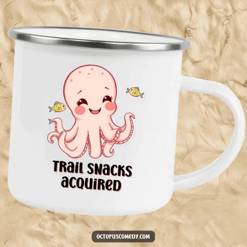Funny joyful octopus playfully chasing fish on a sturdy camping mug, perfect for outdoor enthusiasts.
