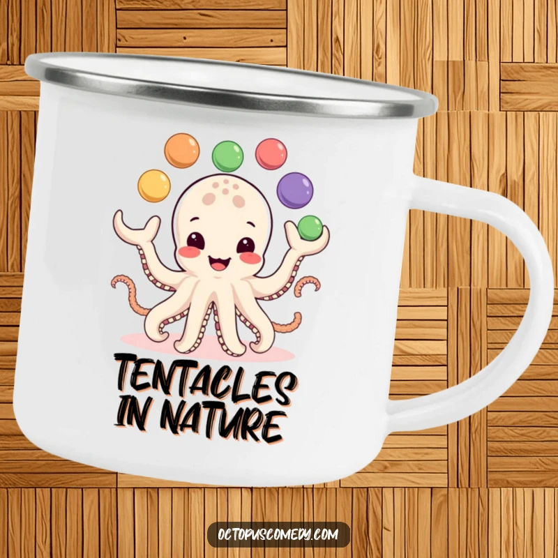 Funny Camping Mug: A smiling octopus juggles eight colorful balls, ideal for enjoying drinks outdoors with playful humor.
