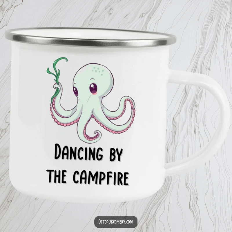 Funny Octopus Seaweed Dancer Camping Mug: A durable mug with a funny octopus gracefully twirling seaweed like a ribbon.