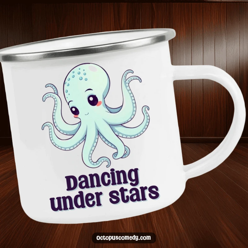 Funny octopus in a swirling underwater dance, depicted on a rugged camping mug for outdoor use.