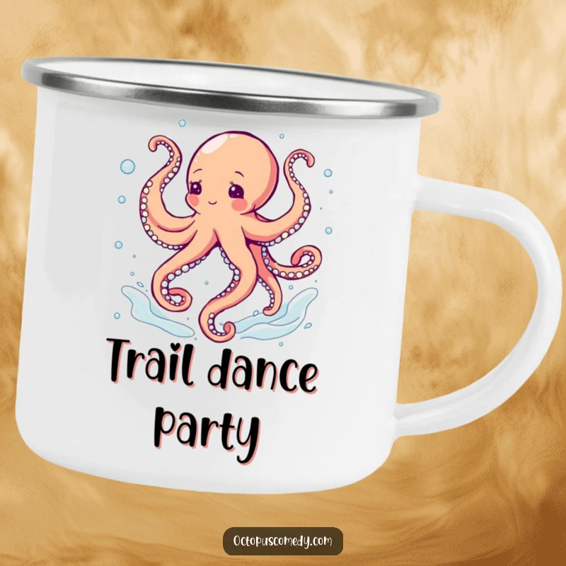 Funny octopus dancing with swirling tentacles and bubbles, a rugged camping mug for outdoor rhythm.