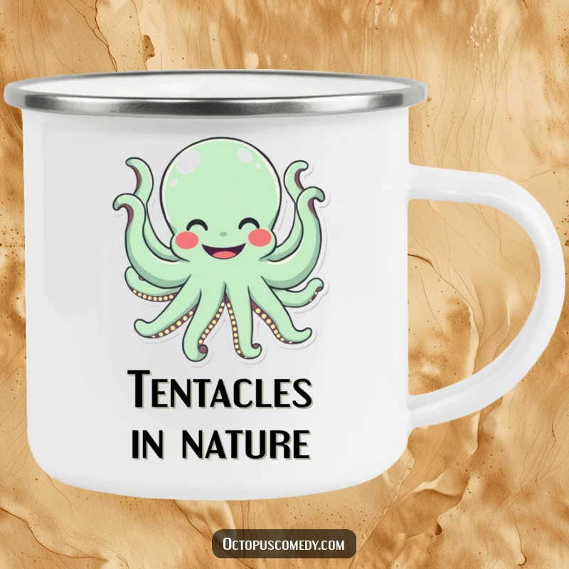 Funny octopus with a wide smile waving all eight arms, a durable and humorous camping mug.