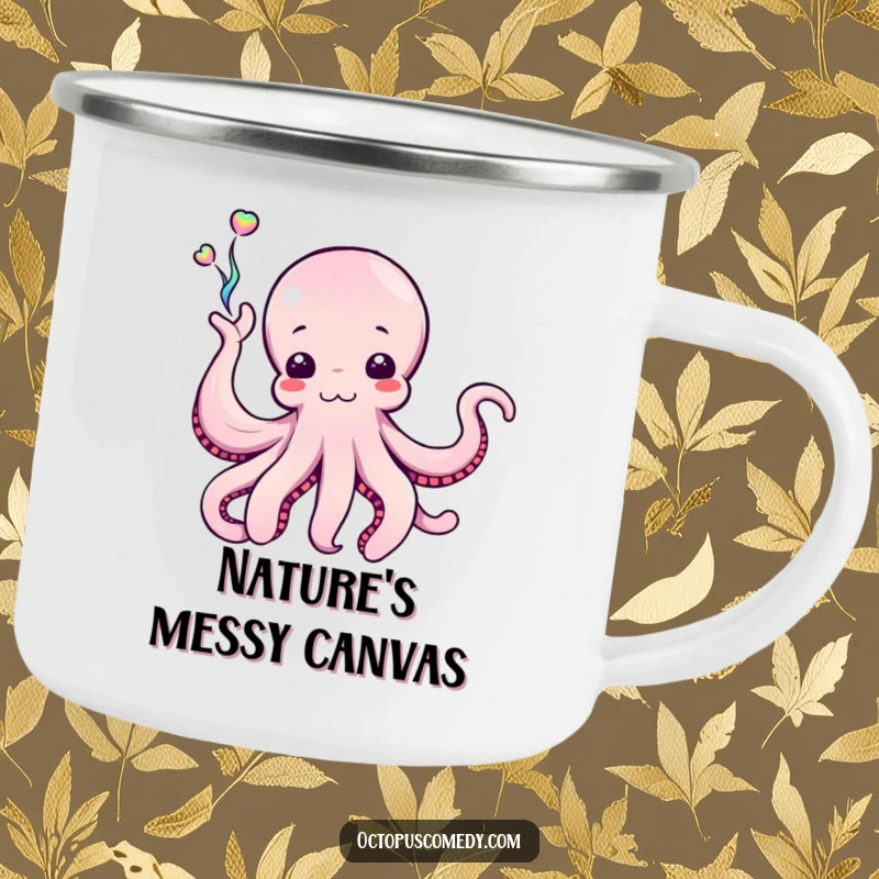 Funny Octopus Camping Mug with a cephalopod enthusiastically waving a stream of iridescent ink, perfect for artistic outdoor enjoyment.