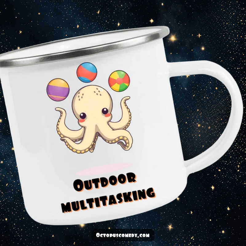 Funny octopus playfully juggling three colorful balls with its tentacles, a durable and humorous camping mug.