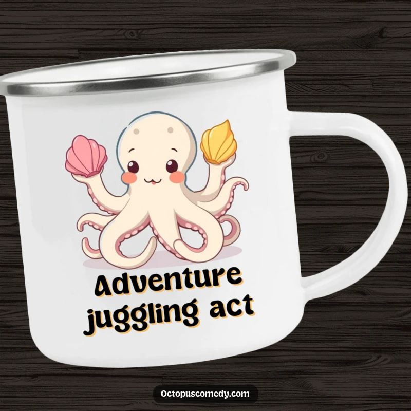 Funny octopus camping mug featuring an artistic octopus juggling colorful seashells, designed for rugged fun and outdoor enjoyment.