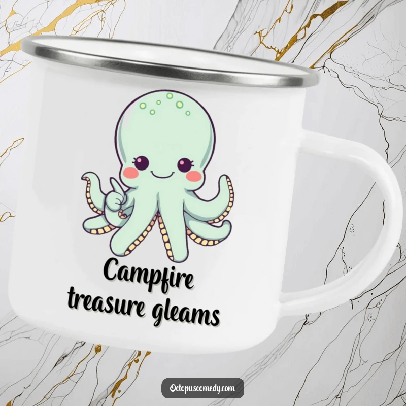 Funny octopus with wide eyes pointing to a pearl, durable camping mug for outdoor trips and humorous discovery.