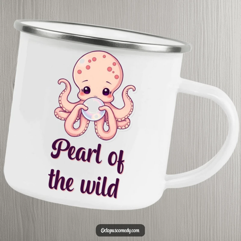 Funny octopus camping mug featuring a gentle creature holding a pearl, perfect for enjoying drinks in nature with elegance.