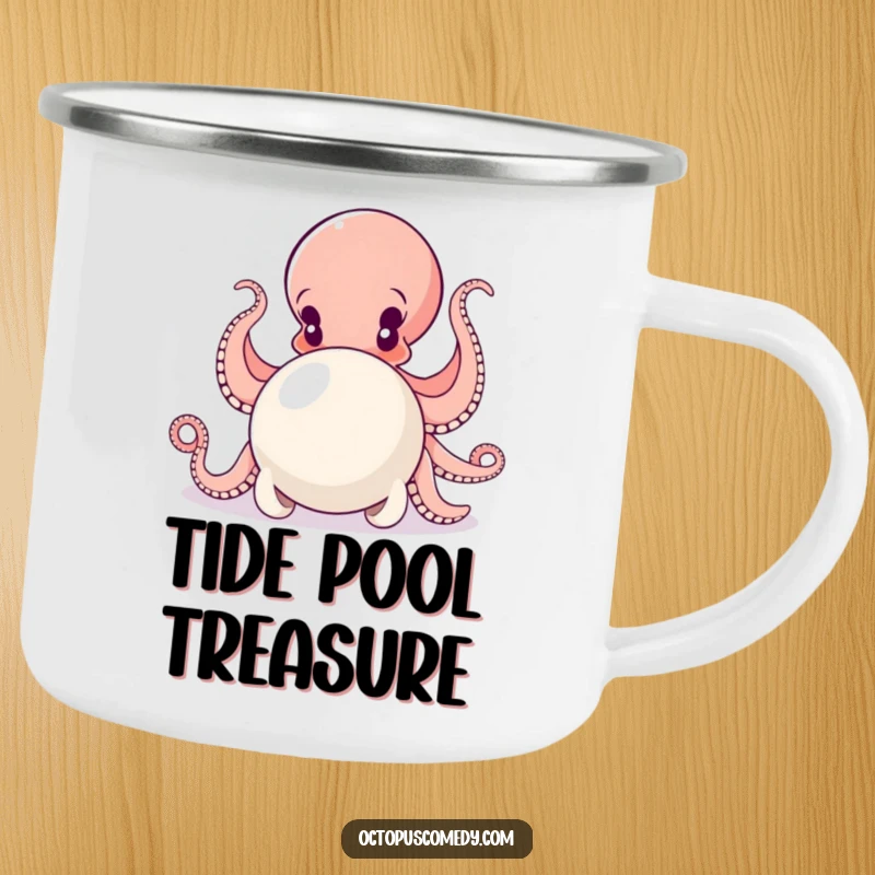 Funny camping mug featuring a determined octopus pushing a large pearl with all its arms, ready for outdoor challenges.