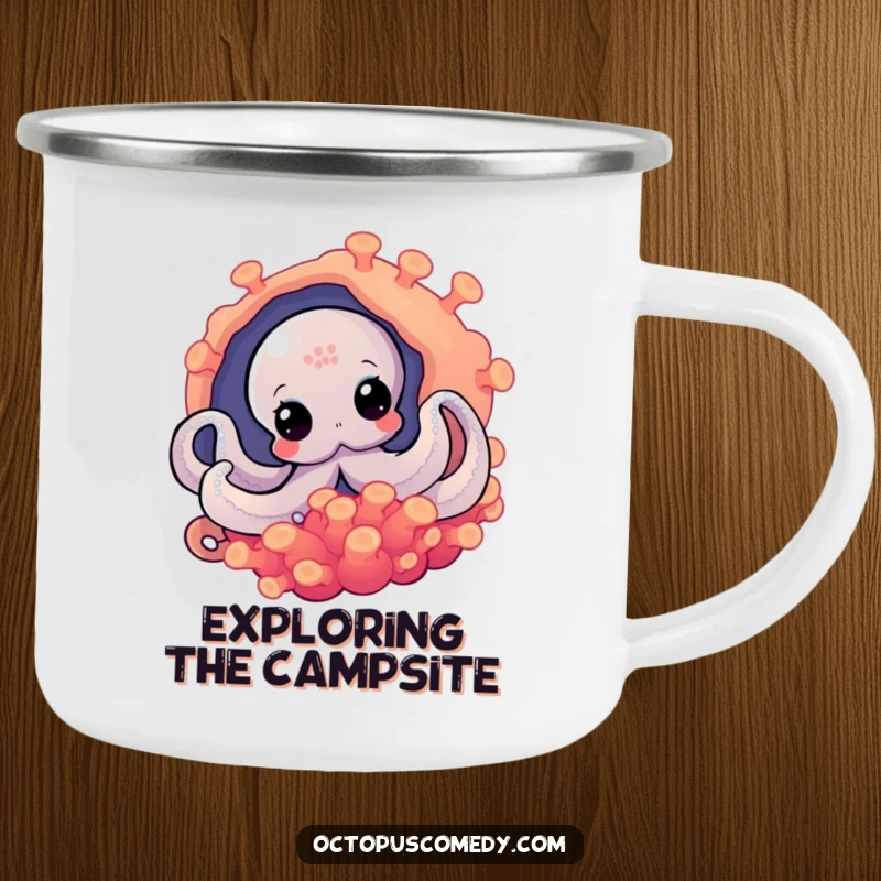 Funny octopus curiously peeking from an anemone, a rugged camping mug for outdoor exploration.