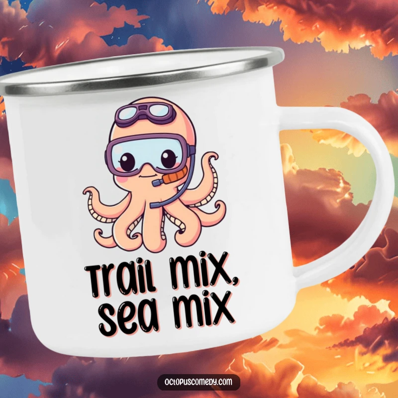 Funny kawaii octopus wearing a tiny snorkel, looking adventurous on a durable camping mug, perfect for outdoor enthusiasts.
