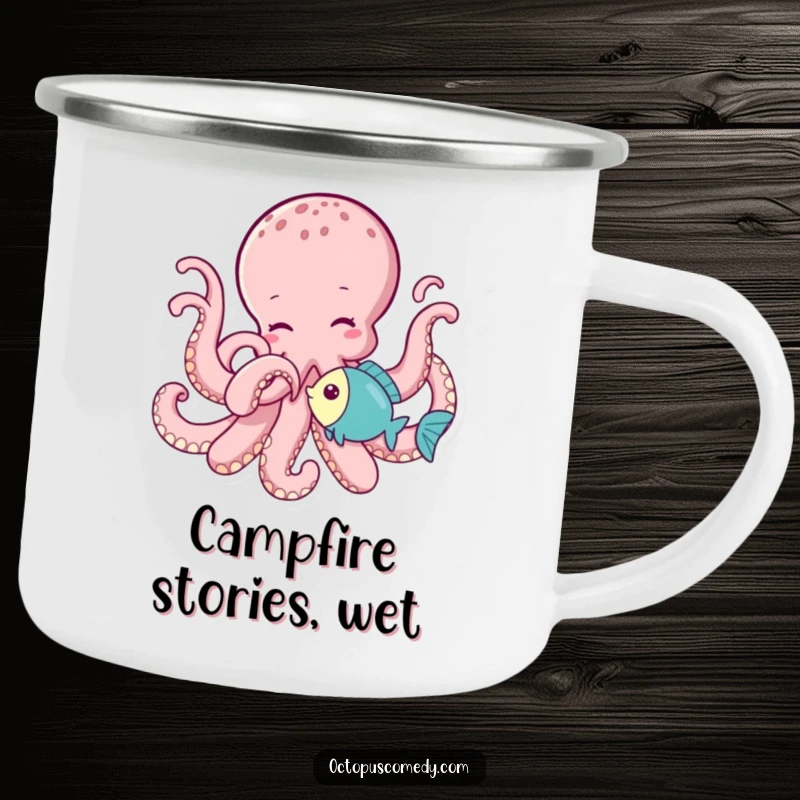 Funny octopus playfully tickling a little fish with a tentacle, making this camping mug a source of outdoor cheer.